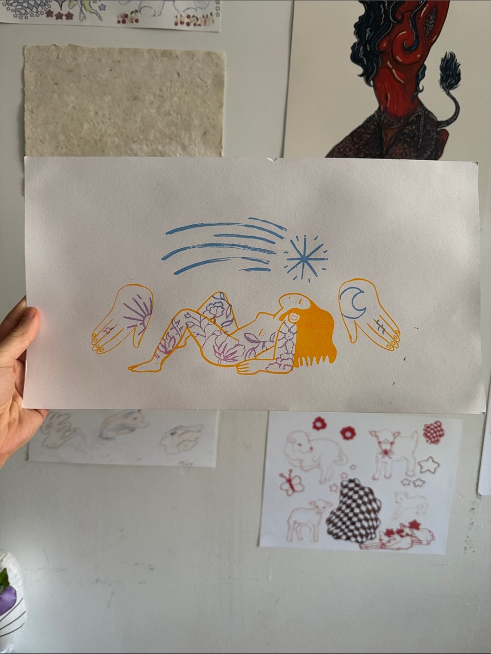 Hand-Drawn Figurative Print with Yellow Accents